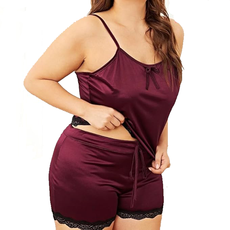 Women’s Satin Camisole & Shorts Nightwear Set | Soft Sleepwear with Lace Trim | Lightweight Comfortable Night Dress for Women